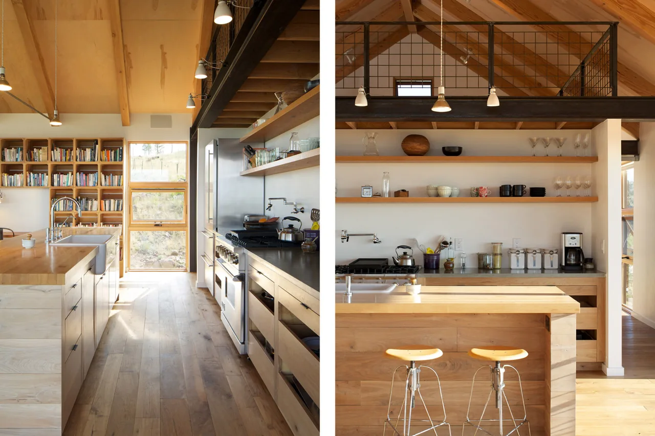 The Sunshine Canyon House kitchen features a vaulted ceiling with exposed wooden beams and open shelving.