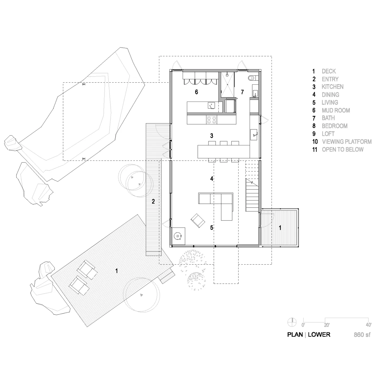 Lower level floor plan of Goatbarn Lane with labeled rooms and deck areas.