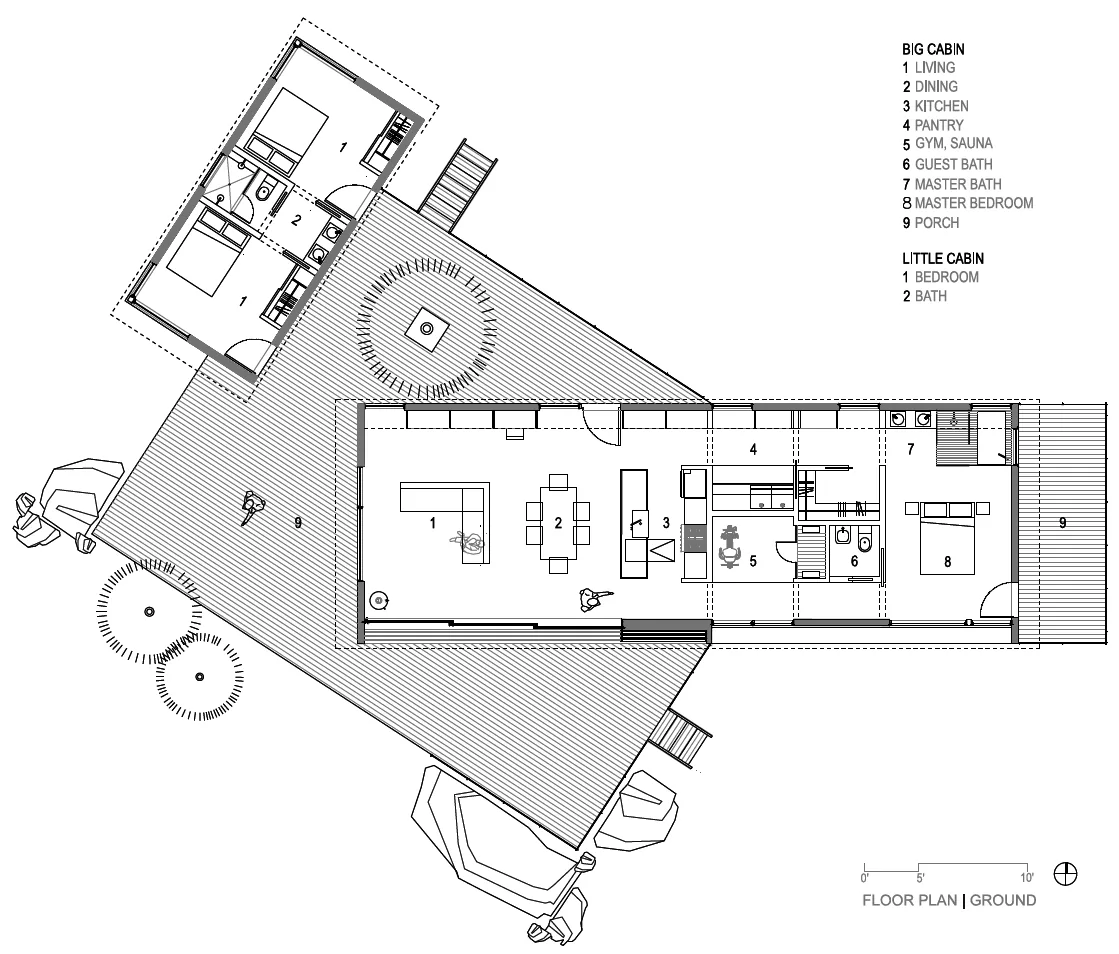 Floor plan for Big Cabin and Little Cabin showing living, dining, kitchen, bedrooms, baths, and porch spaces.