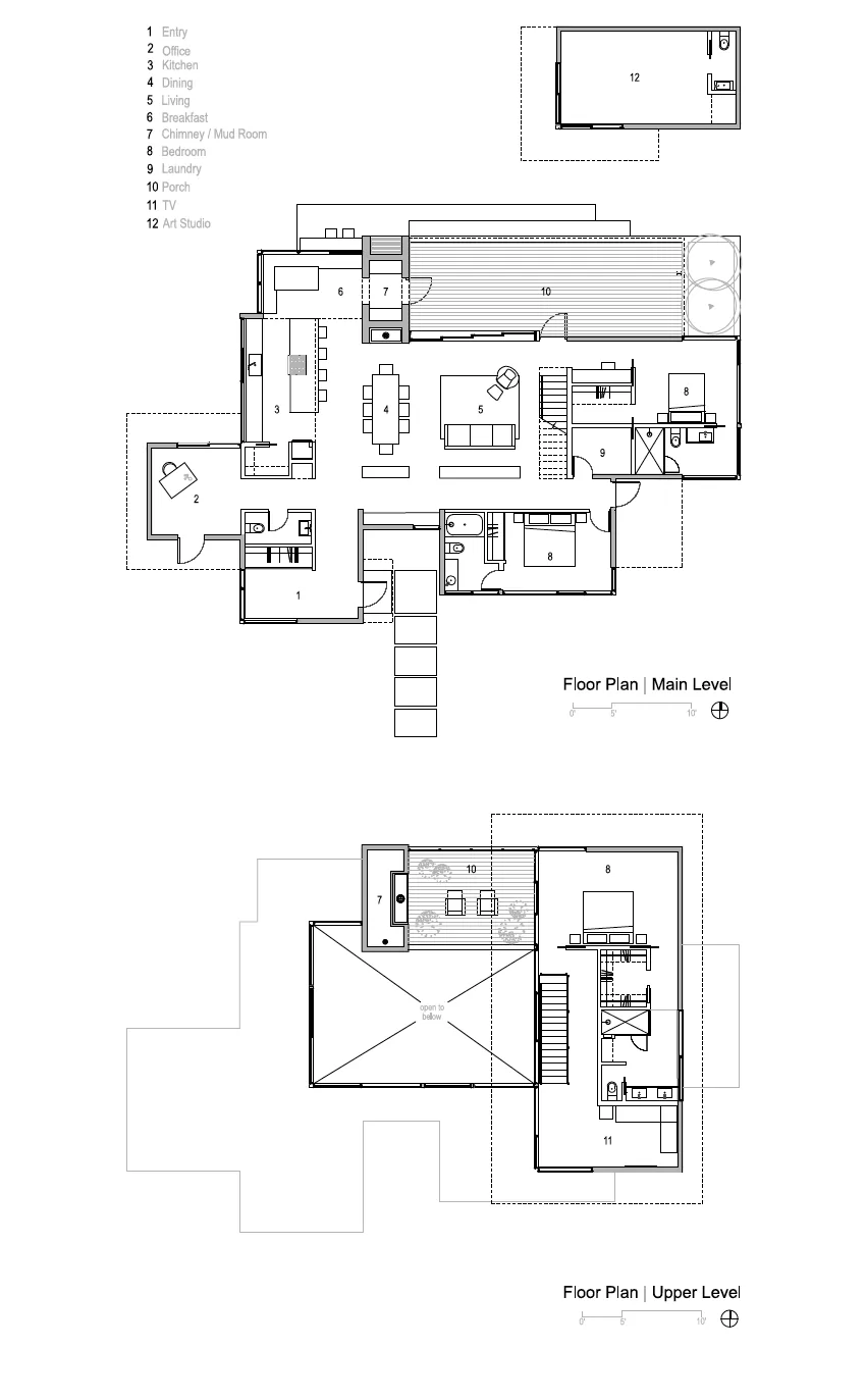 Floor plans for main and upper levels of Mariposa Garden House by Renée Del Gaudio Architecture.