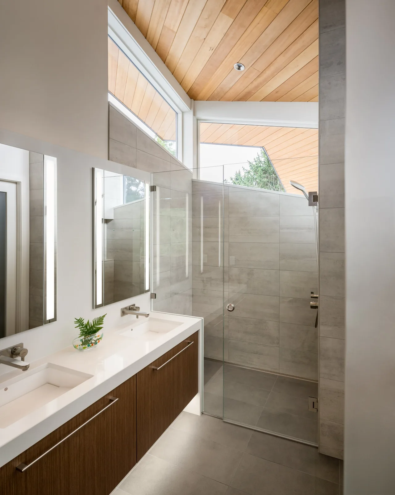 Bathroom features a double vanity with dark wood cabinets, large mirrors with vertical lighting, and a frameless glass shower enclosure.