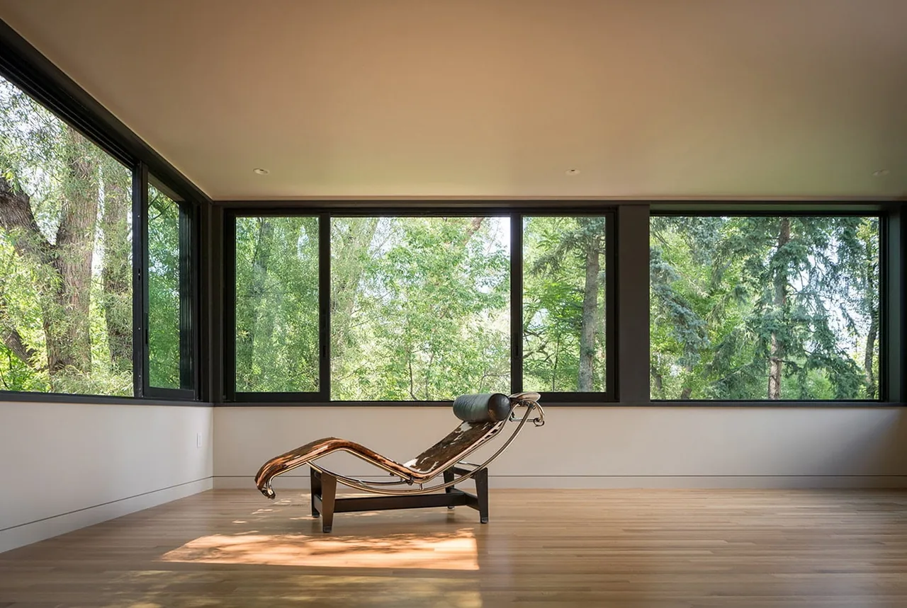Minimalist room with black window frames and wood flooring featuring a modern chaise lounge facing large windows.