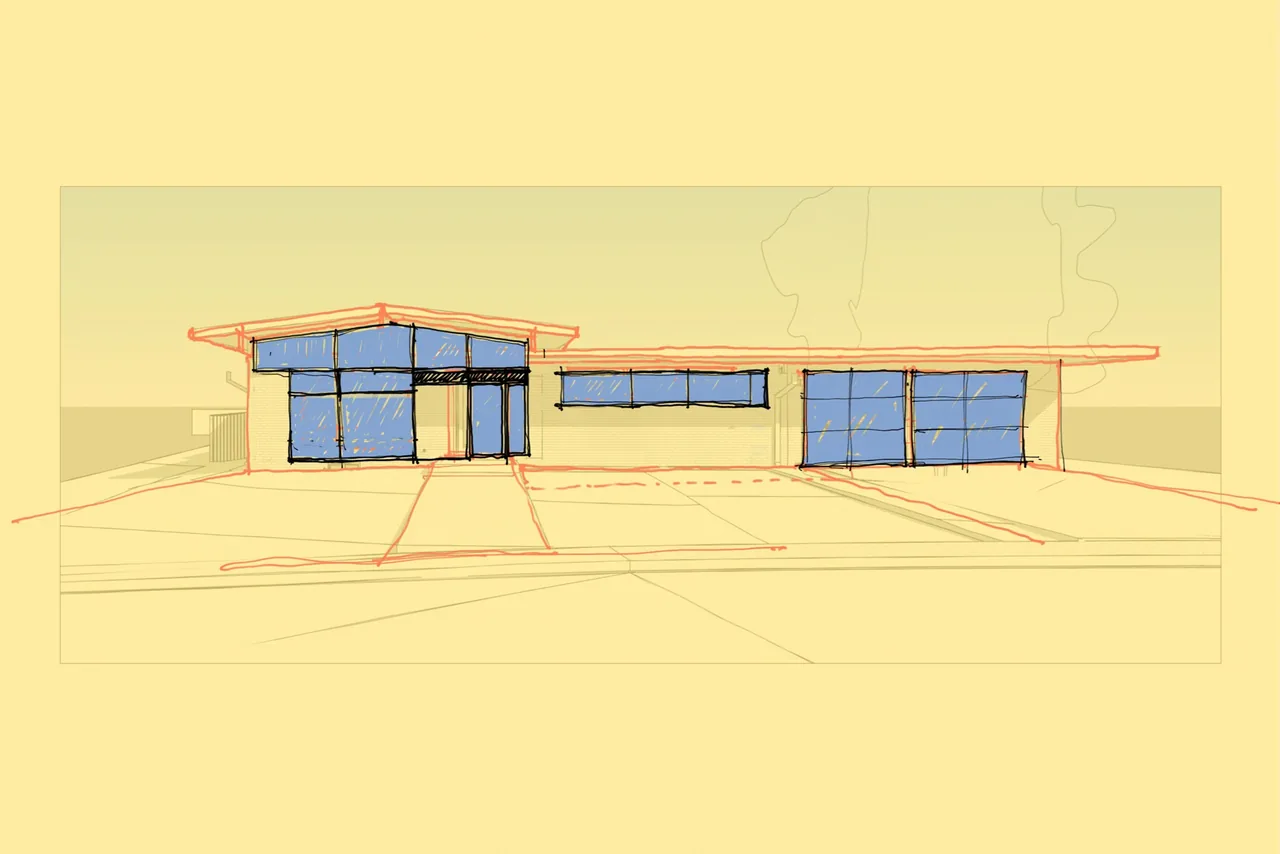 Exterior sketch of Centennial Modern Ranch shows flat roof and expansive blue front windows.