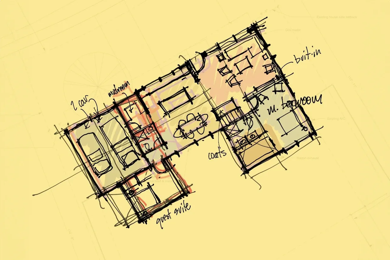 Concept sketch of the Centennial Modern Ranch floor plan highlighting key areas such as the garage, mudroom, and master bedroom.