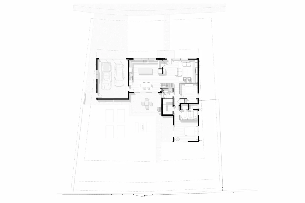 Floor plan for Centennial Modern Ranch by Cadence Studio showing layout including garage and main living areas.
