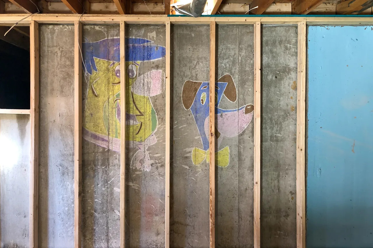 Concrete basement wall with exposed wooden framing and cartoon character paintings.