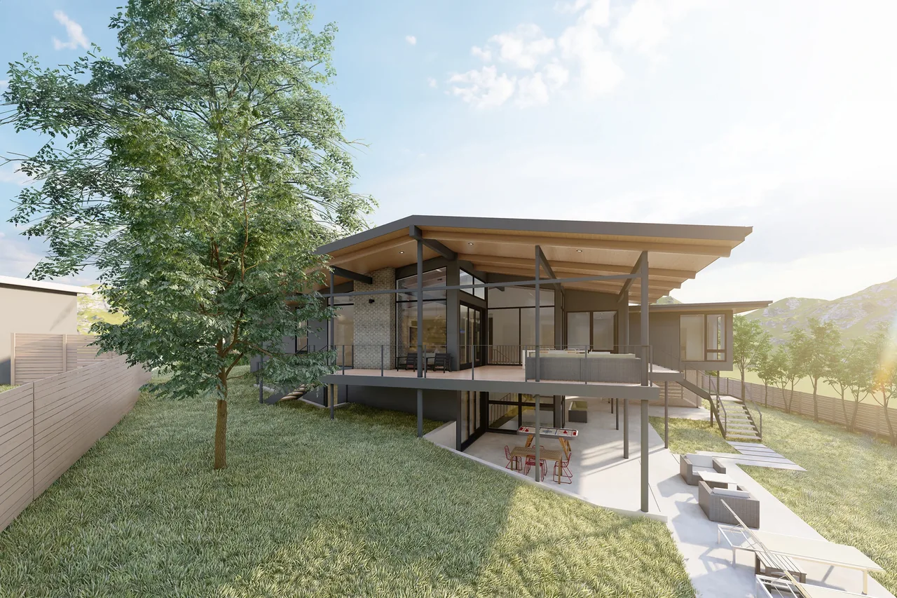 Rear view of a two-level house with flat roof overhang, large glass doors and windows, and outdoor seating areas on both levels.