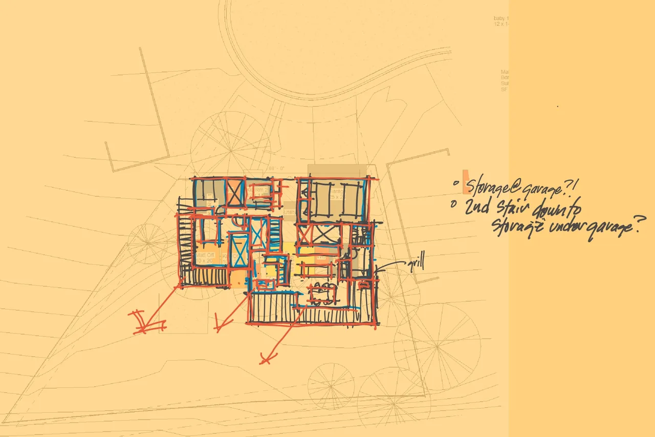 Hand-drawn floor plan sketch with notes exploring storage options at garage area.