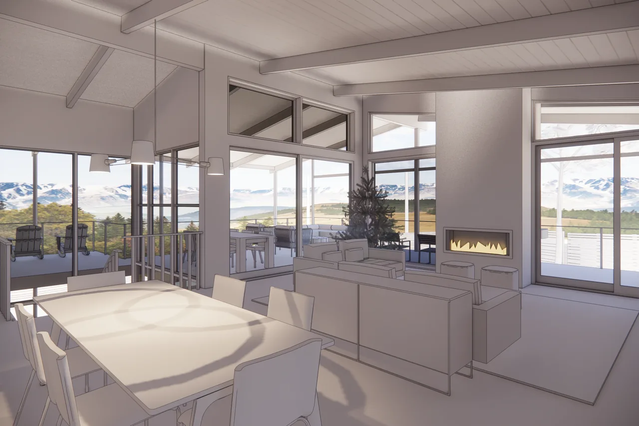 Living and dining spaces with floor-to-ceiling windows, a fireplace, and access to a covered patio with seating.