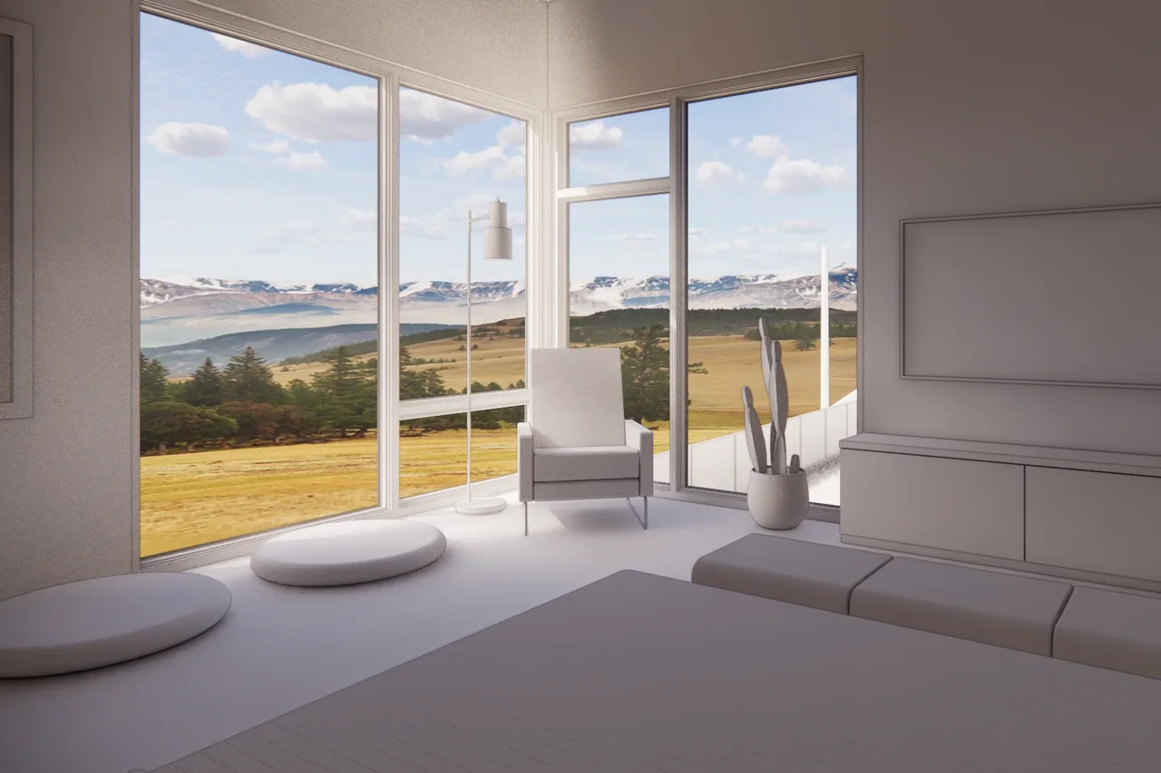Modern living room corner features floor-to-ceiling windows with views of natural landscape.