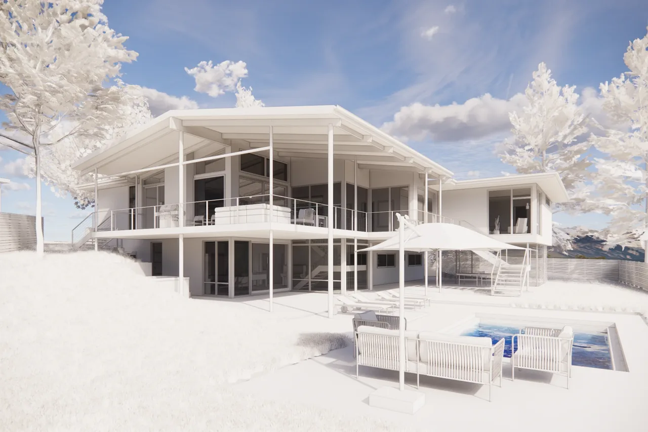 Exterior rear view of a modern two-story house featuring floor-to-ceiling glazing, a covered patio, and an outdoor pool with lounging area.