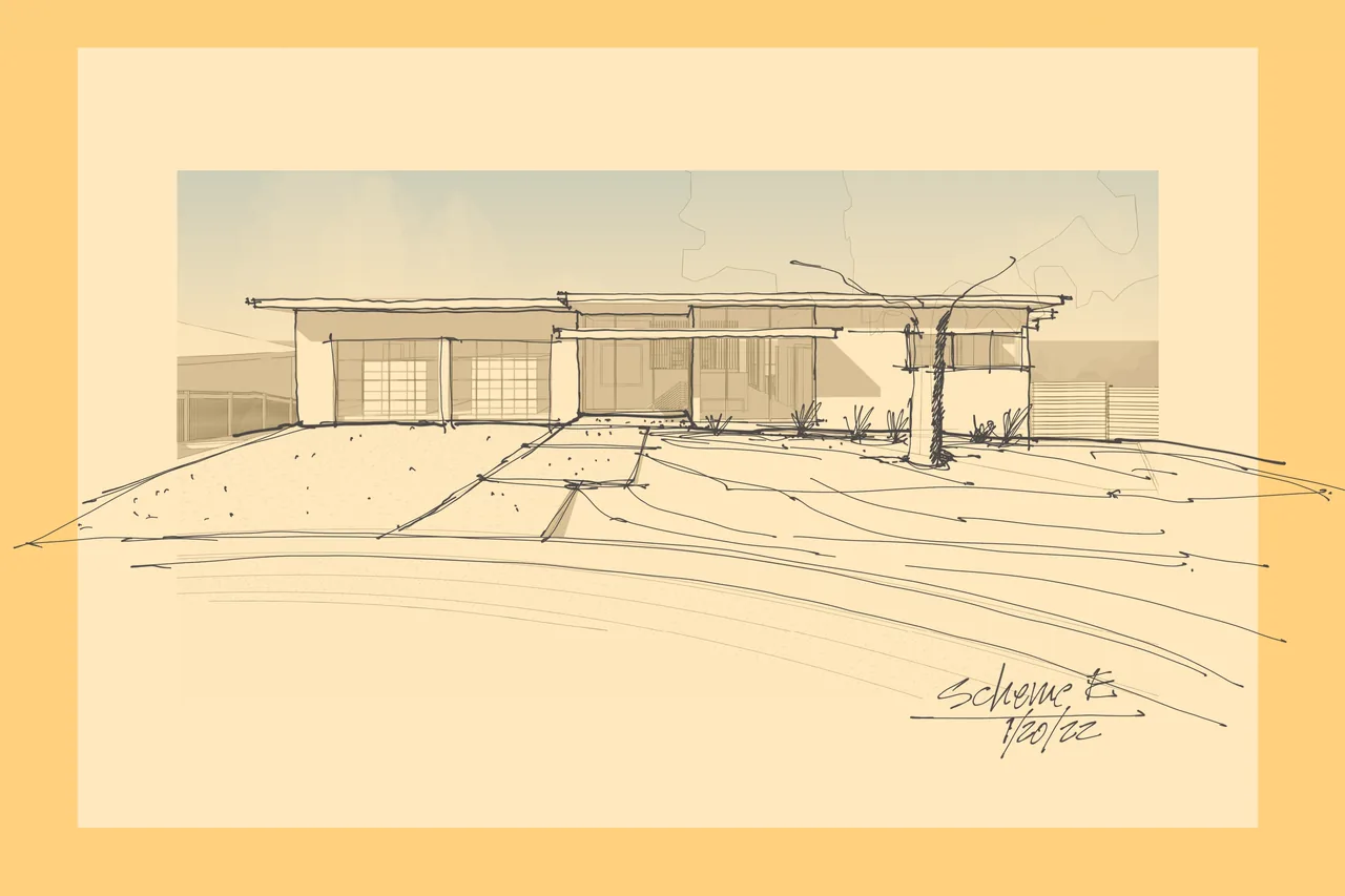 Sketch showing front exterior elevation of a single-story flat roof house with cantilevered roof and large windows.