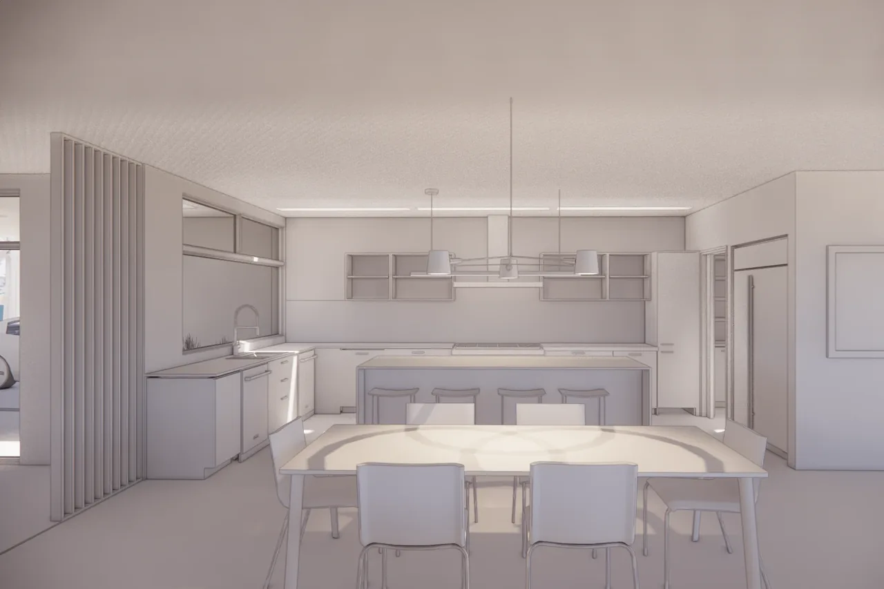 Rendered interior of a kitchen and dining room with minimalist cabinetry and a central island with stools.