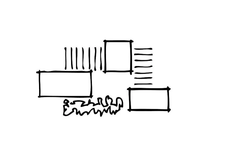Conceptual diagram illustrating the spatial arrangement of rectangular volumes with an organic shape below.