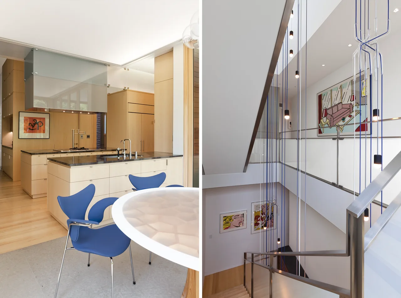 Left image: modern kitchen interior with light wood cabinetry and blue chairs; right image: vertical stairwell with hanging pendants and glass railing.