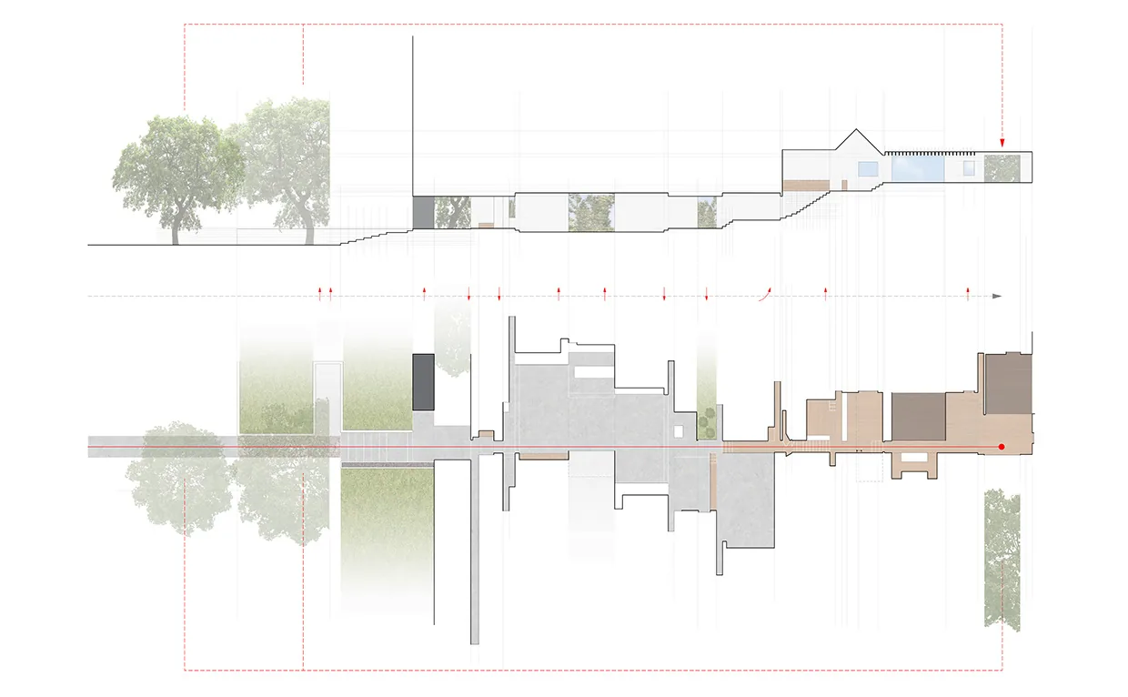 Section through Puzzle House illustrating spatial relationships and floor level changes.