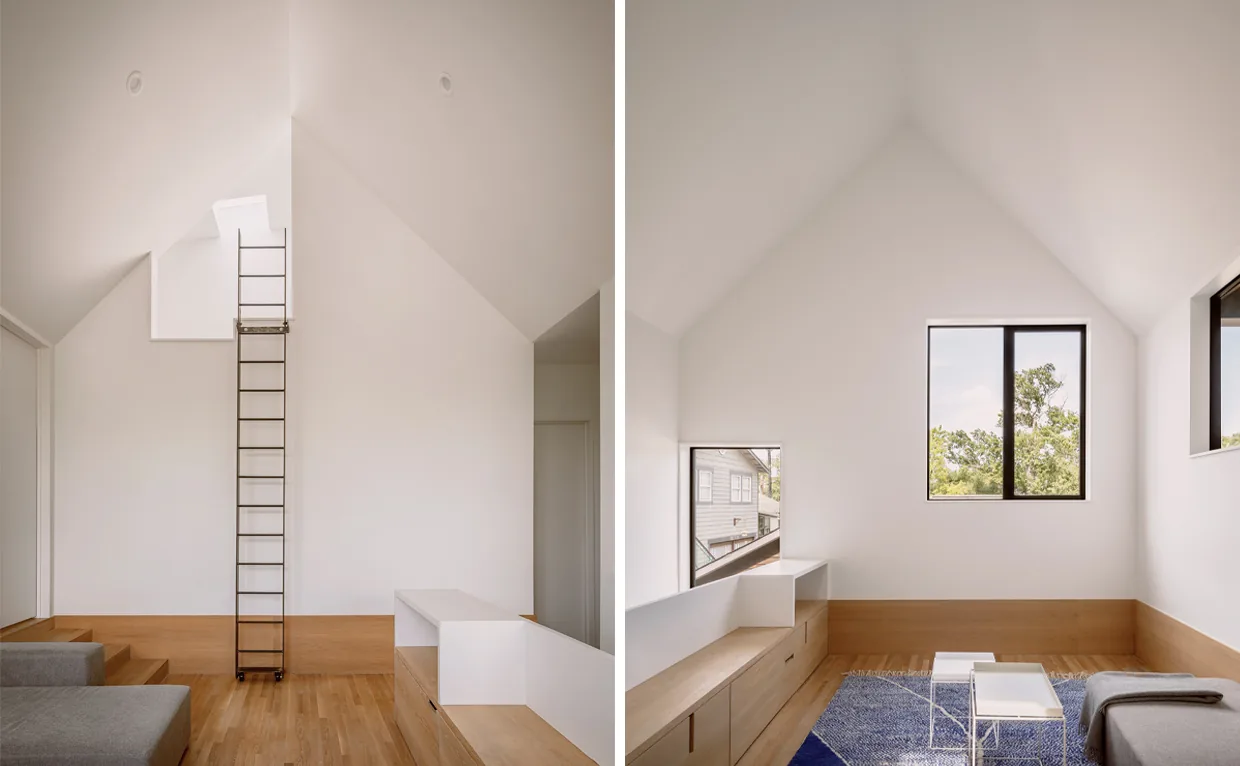 Interior views of a vaulted ceiling living room with integrated wood bench seating, small windows, and minimal furnishings.