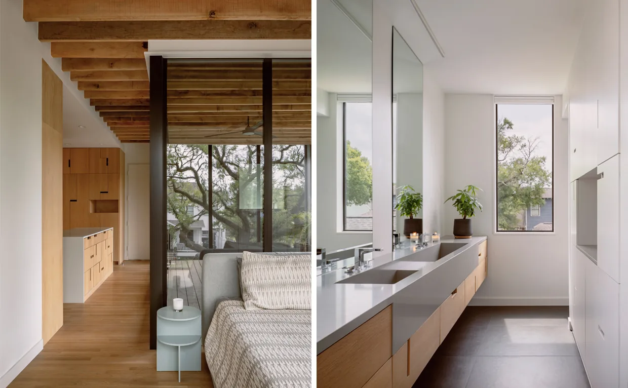 Interior views of a modern bedroom with wood ceiling beams and built-in cabinetry, and a bathroom with double sinks and tall windows.