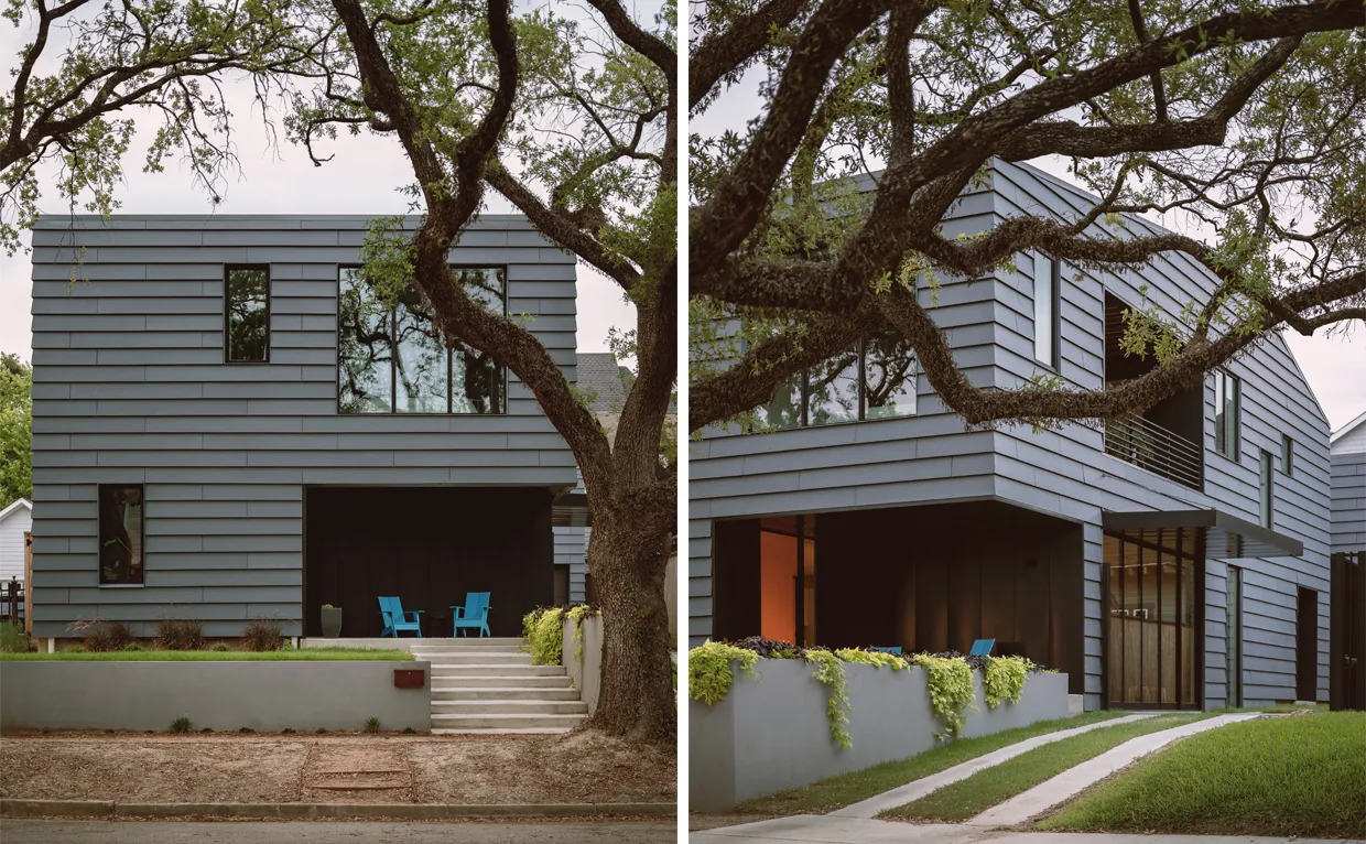 Contemporary side exterior of Puzzle House featuring horizontal metal siding and minimal windows.