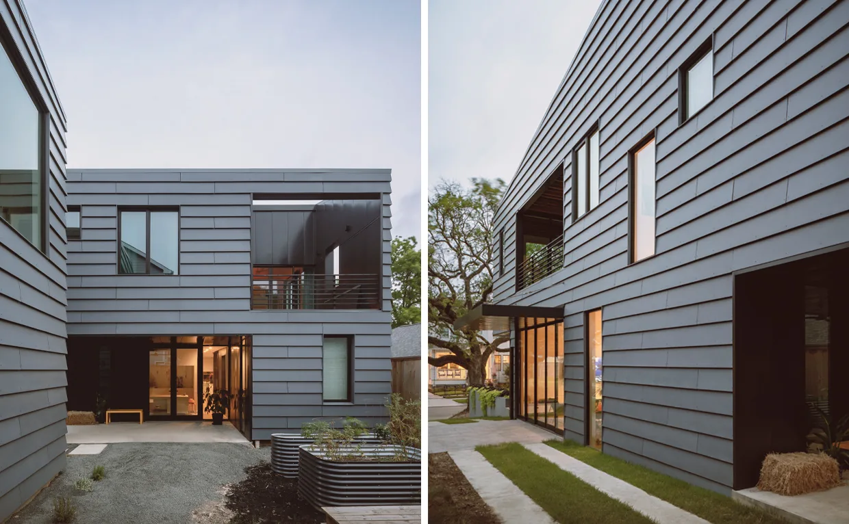 Two views of a modern two-story house featuring dark horizontal siding, rectangular windows, and a ground-levelwalkway with adjacent garden beds.