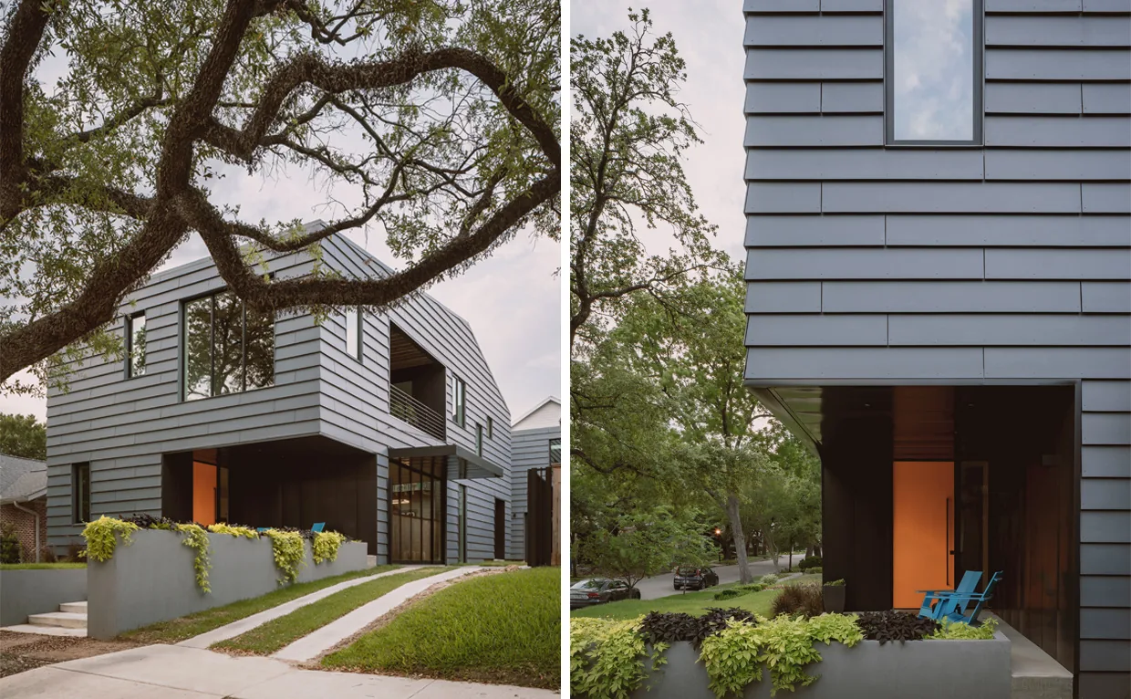 Side exterior views of a modern house clad in dark horizontal metal siding with minimal and large windows, surrounded by landscaping and trees.
