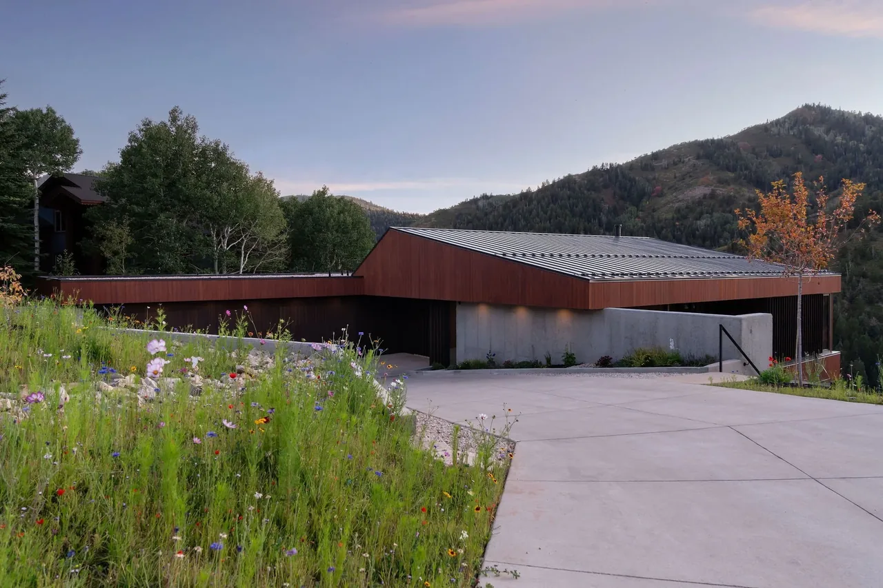 Modern single-story house with wood siding and metal roof set against a mountainous landscape with wildflowers in the foreground.
