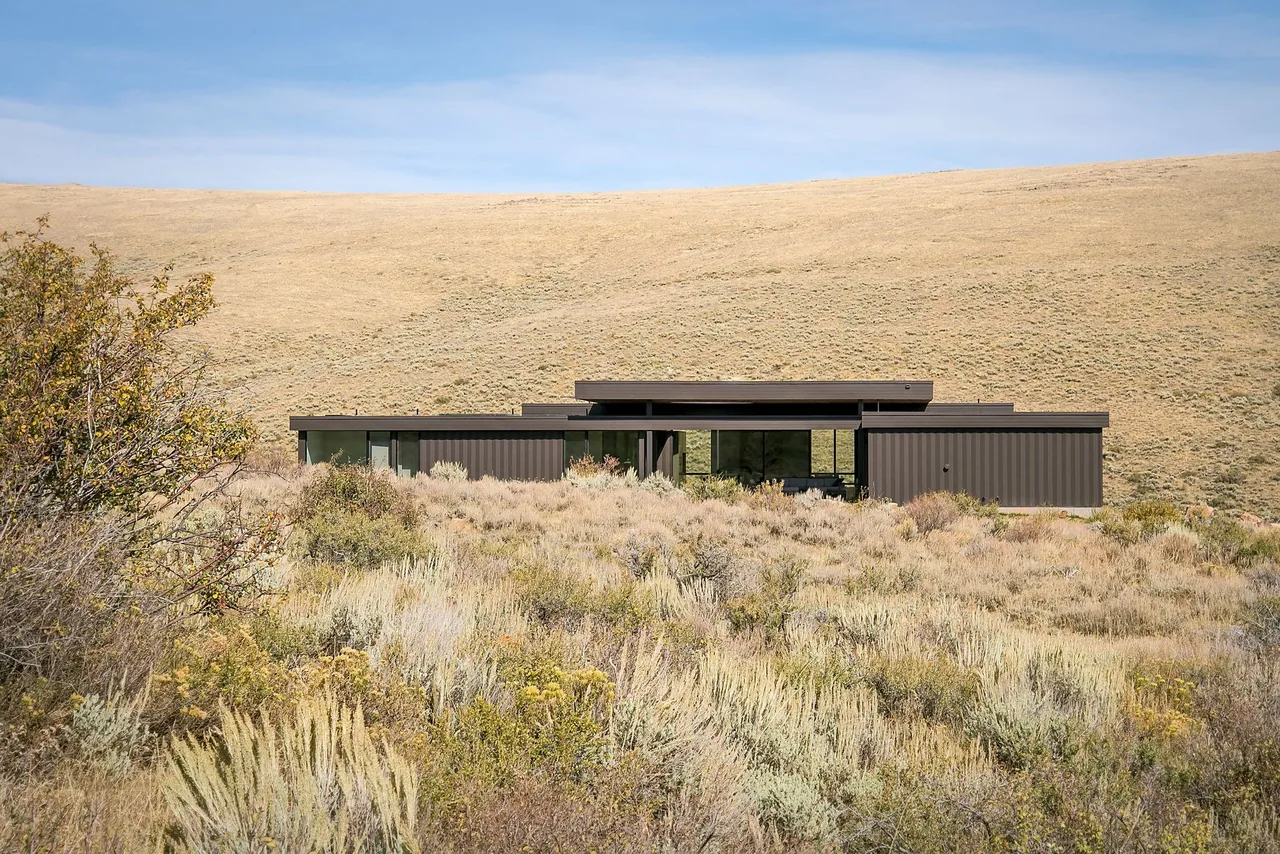 Boar Shoat project by Imbue Design shows a single-story modern house with blackened steel siding in a rural hillside setting.