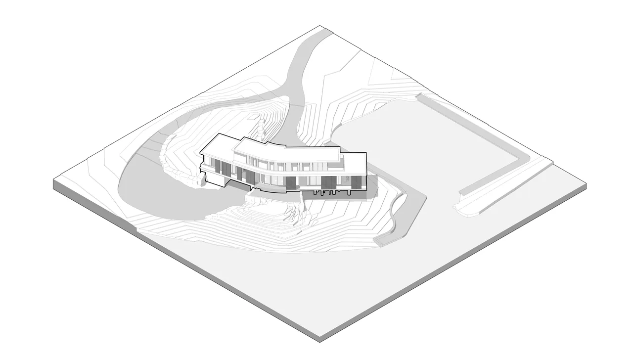 Isometric site model showing a residence positioned on a sloped terrain with contour lines and an access road.