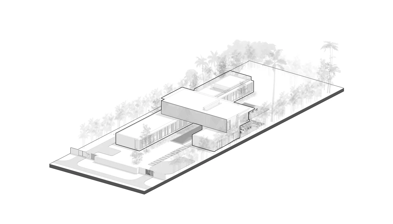 Axonometric rendering of Kiaora Residence by STRANG Architecture showing the building layout and surrounding landscaping.
