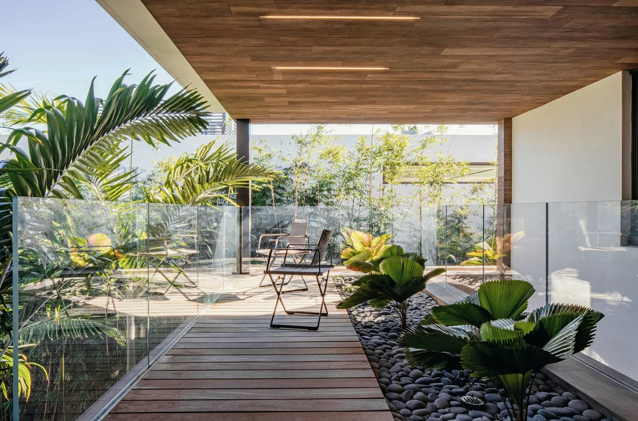 Outdoor living patio with wood decking, glass railing, tropical landscaping, and integrated ceiling lights in a Net Zero House.