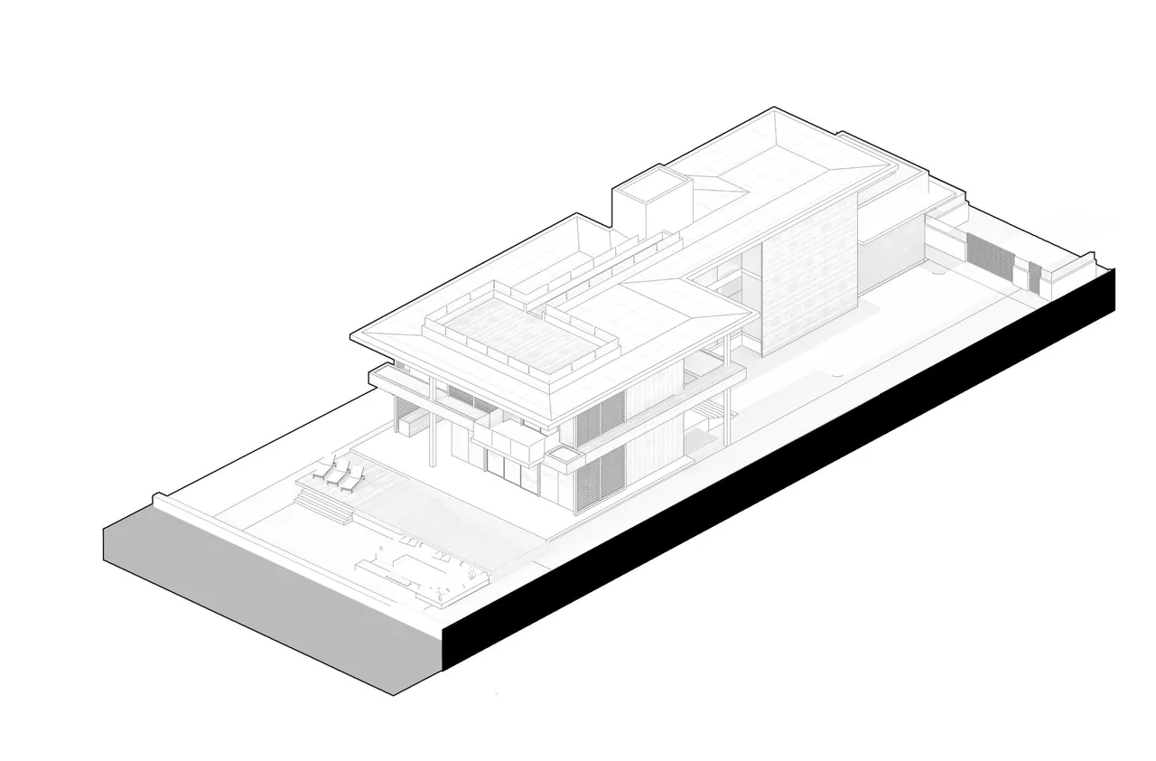Axonometric drawing showing a modern two-story residence with flat roof and outdoor living area.