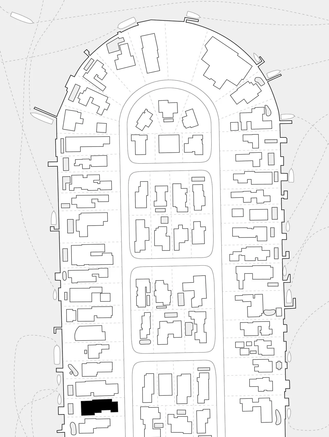 Site plan of a man-made island featuring buildings arranged along curved streets.