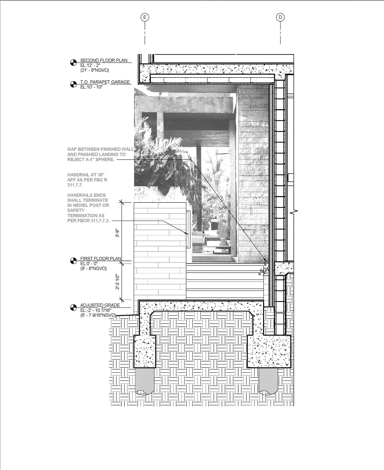 Section drawing of an exterior stair landing with handrails adjacent to a planted wall at Janoura Residence.