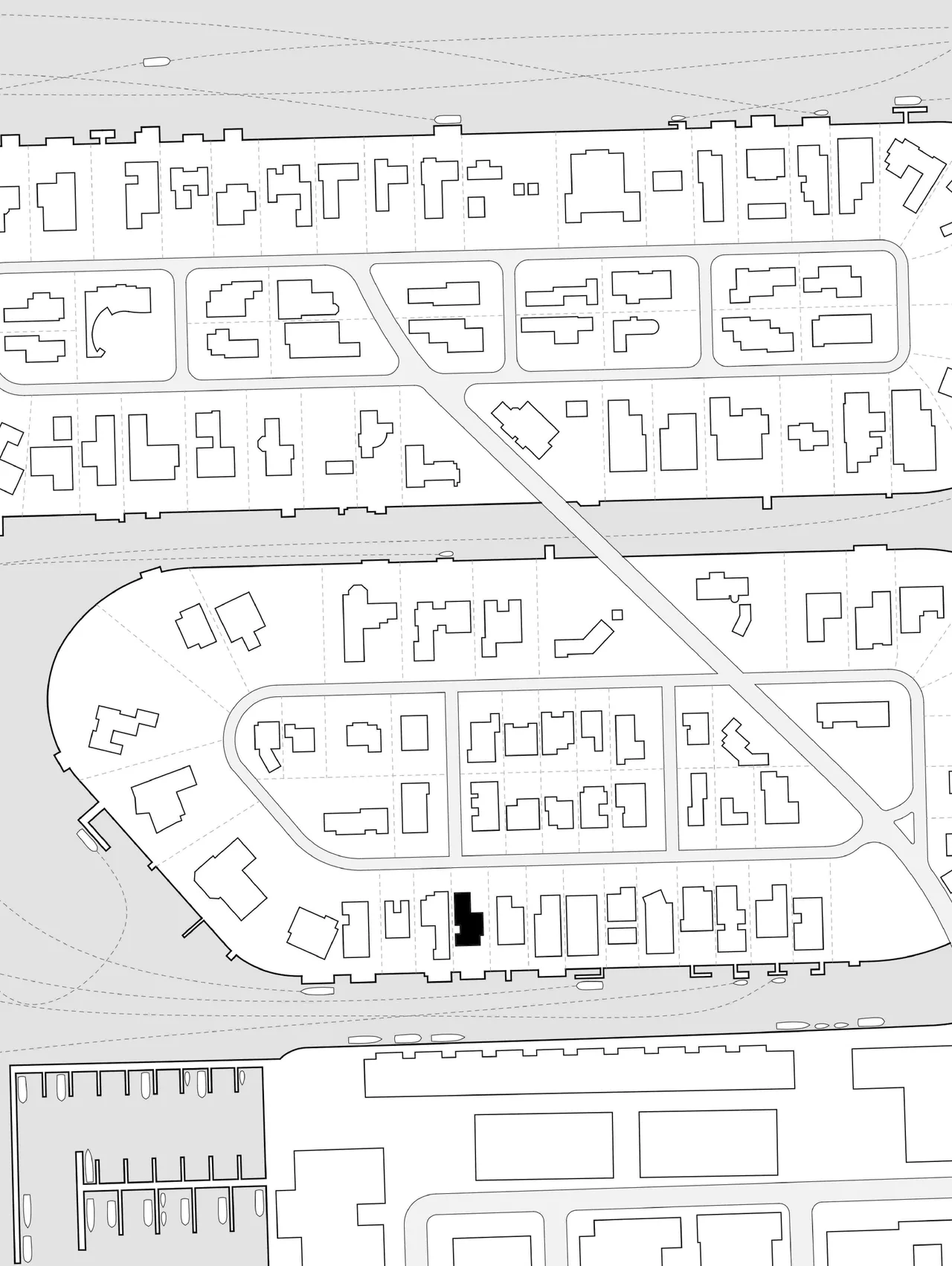 Site plan of Janoura Residence marked in black among surrounding buildings in Miami context.