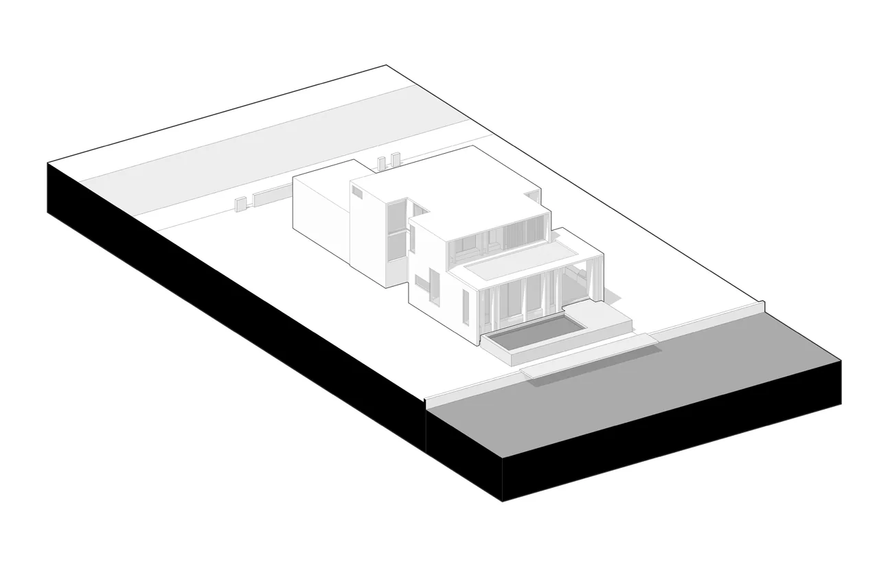 Isometric site plan rendering showing the layout and footprint of the Janoura Residence with pool and outdoor area.