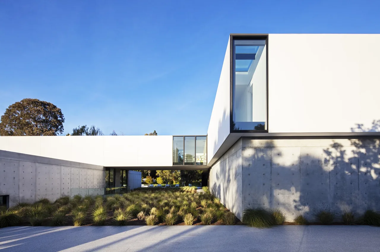 OZ Residence features a cantilevered white volume above a concrete base, overlooking a landscaped courtyard in San Francisco.