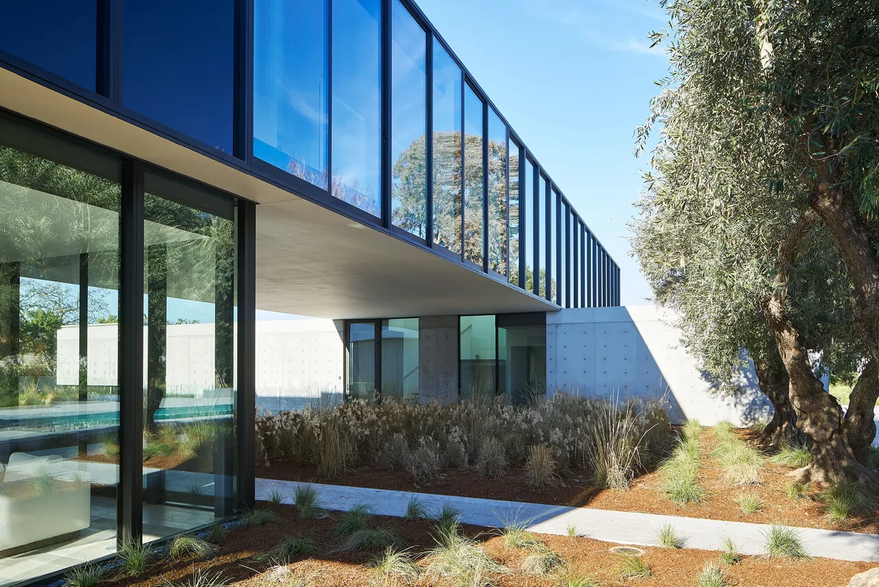 OZ Residence features a cantilevered volume with floor-to-ceiling black-framed glass windows and a landscaped courtyard area.