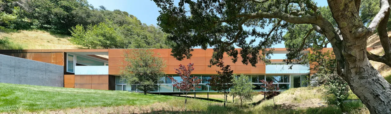 Exterior front view of a modern house featuring steel cladding, concrete retaining wall, and floor-to-ceiling glazing.
