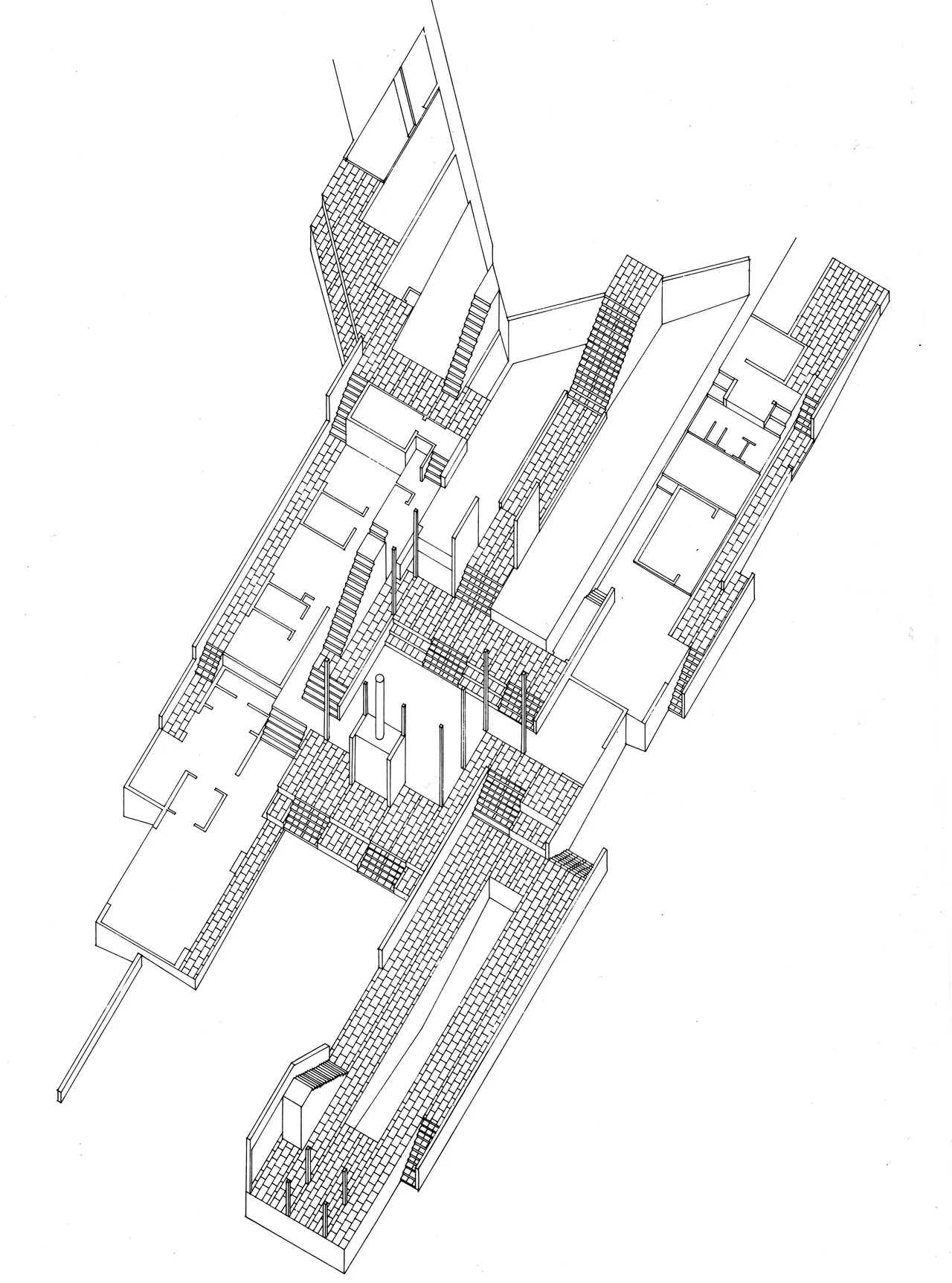 Axonometric drawing of Di Napoli Residence showing stone staircases, terraces, and spatial layout.