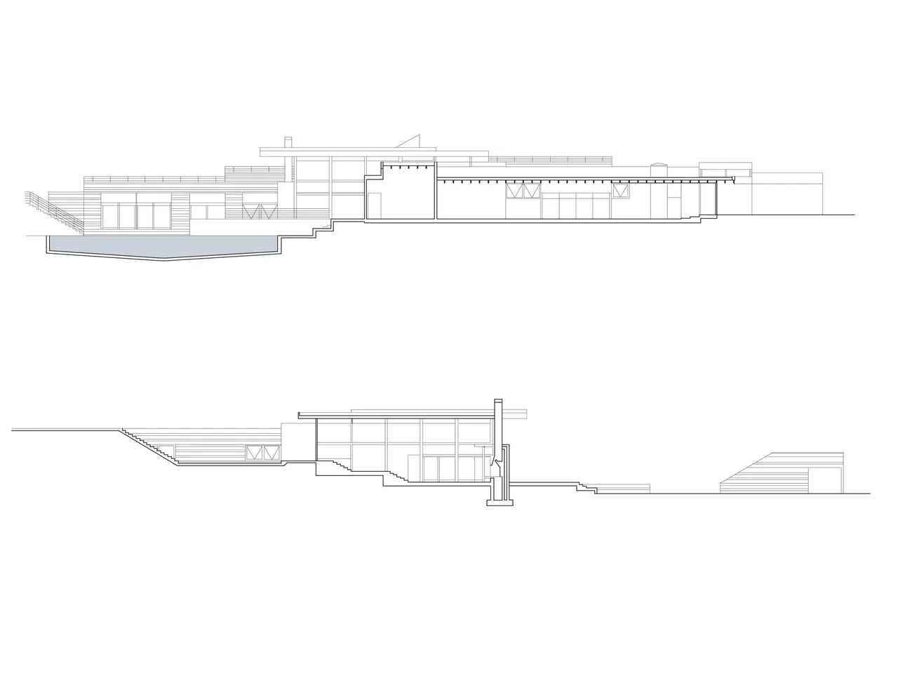 Elevation and section drawings of the Di Napoli Residence by Stanly Saitowitz | Natoma Architects with pool and outdoor stairs.