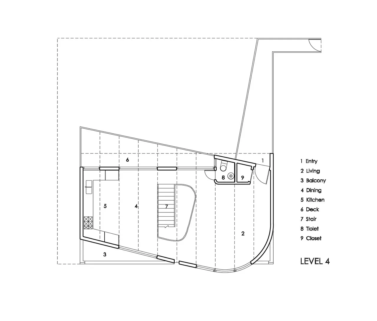 Level 4 floor plan of Barnes Residence by Stanly Saitowitz | Natoma Architects shows key living spaces and circulation.