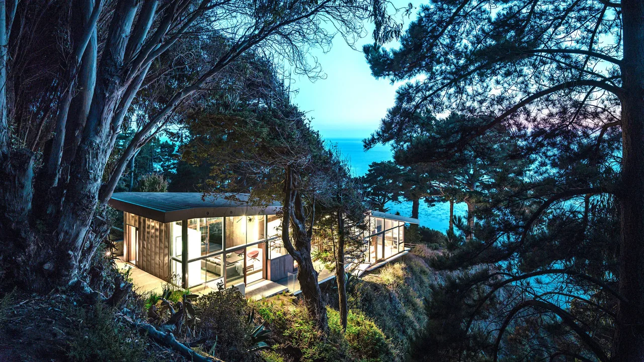 CUT OUT HOUSE features extensive floor-to-ceiling glazing and a flat roof with ocean views in a wooded setting.