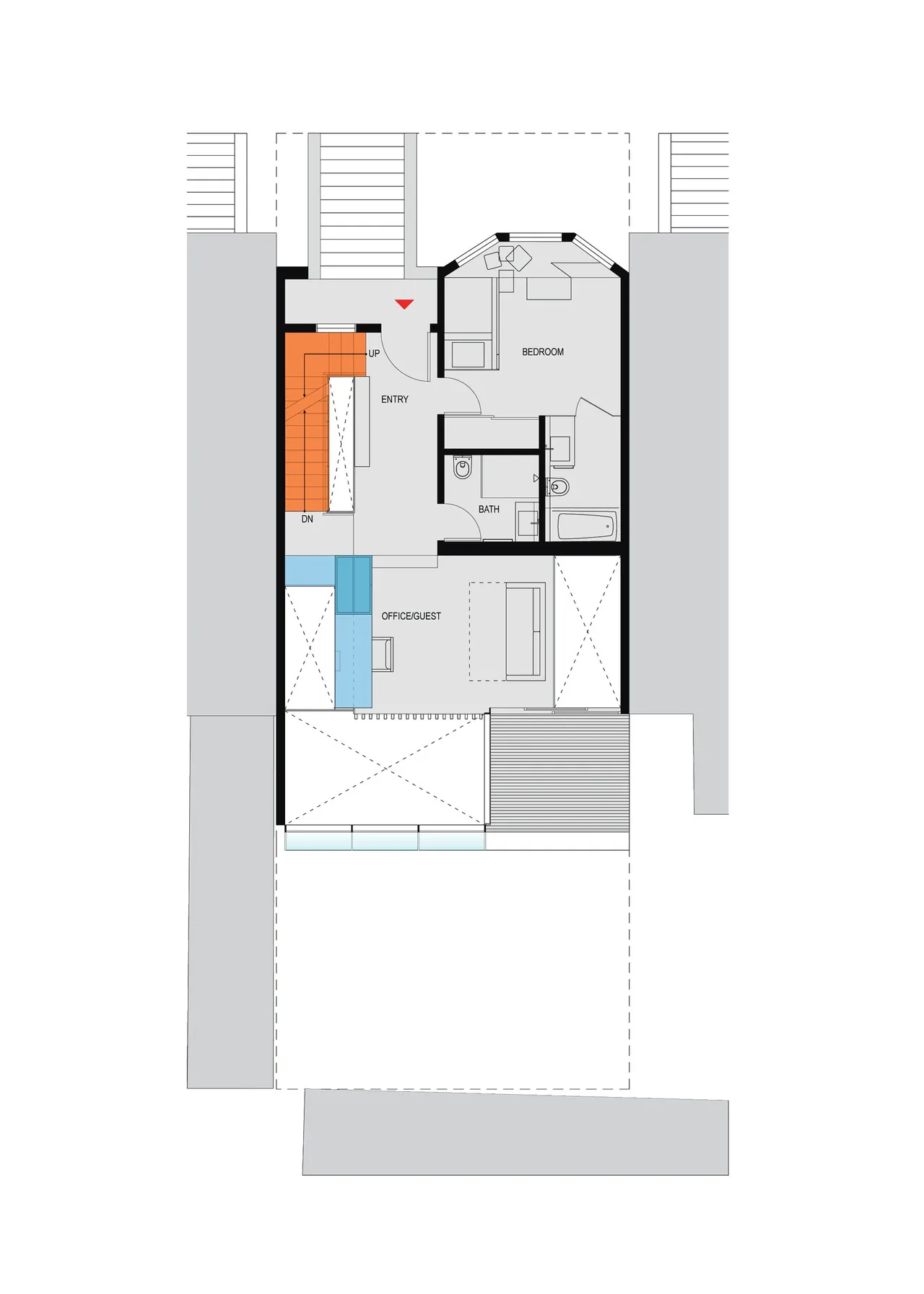 Floor plan of CUT OUT HOUSE by Fougeron Architecture showing bedroom, office/guest area, bath, and stair.