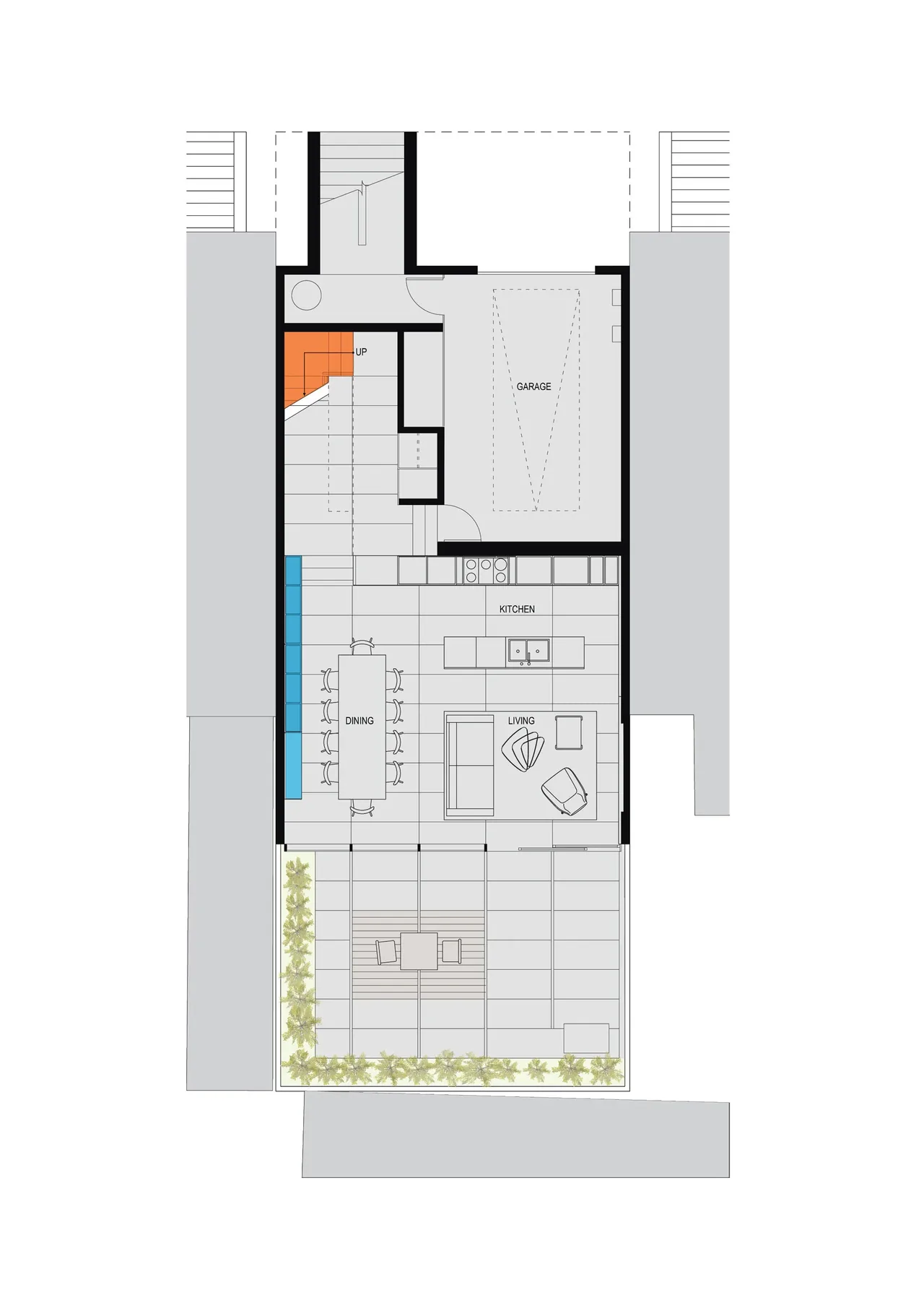 Floor plan showing kitchen, dining and living areas, garage, staircase, and outdoor patio with furniture and plant border.
