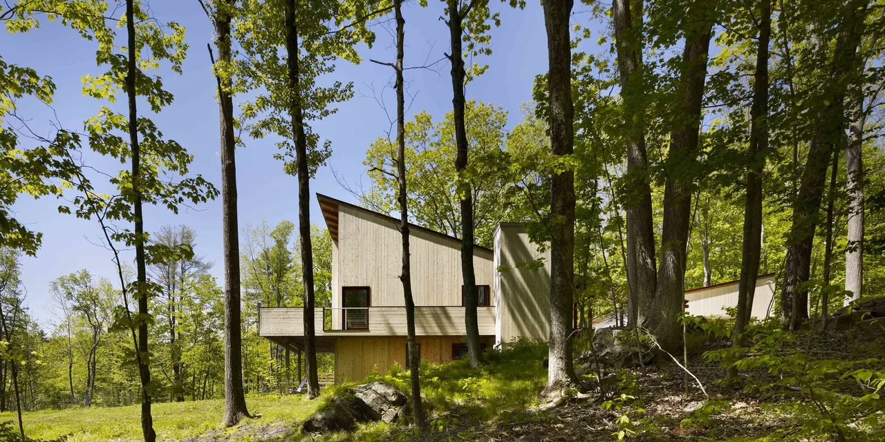 The exterior of a wood-paneled house with a sharply angled roof viewed through a wooded landscape.