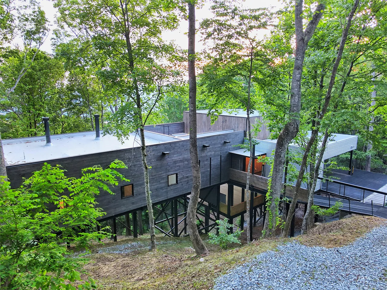CASA 34°58' N, 83°20' W is an elevated house supported on metal columns, integrated into a forest setting.