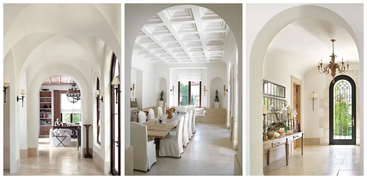 The Flamingo Road Residence features arched windows, coffered ceilings, and stone flooring with decorative molding inside.