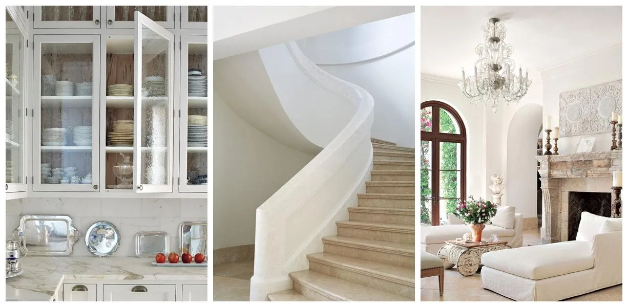 Flamingo Road Residence features a kitchen with glass-front cabinetry, a curved stone staircase, and a living room with an arched window and chandelier.