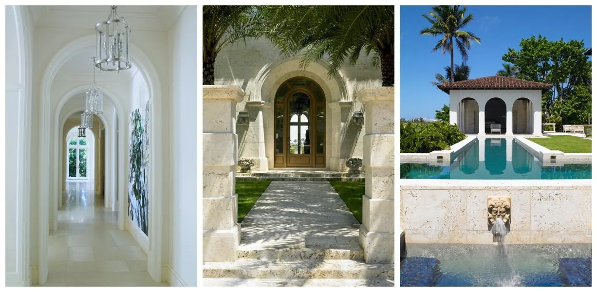 Sunset Island Residence features arched windows, stone columns, and a pool with a sculptural water spout at the edge of a covered patio.