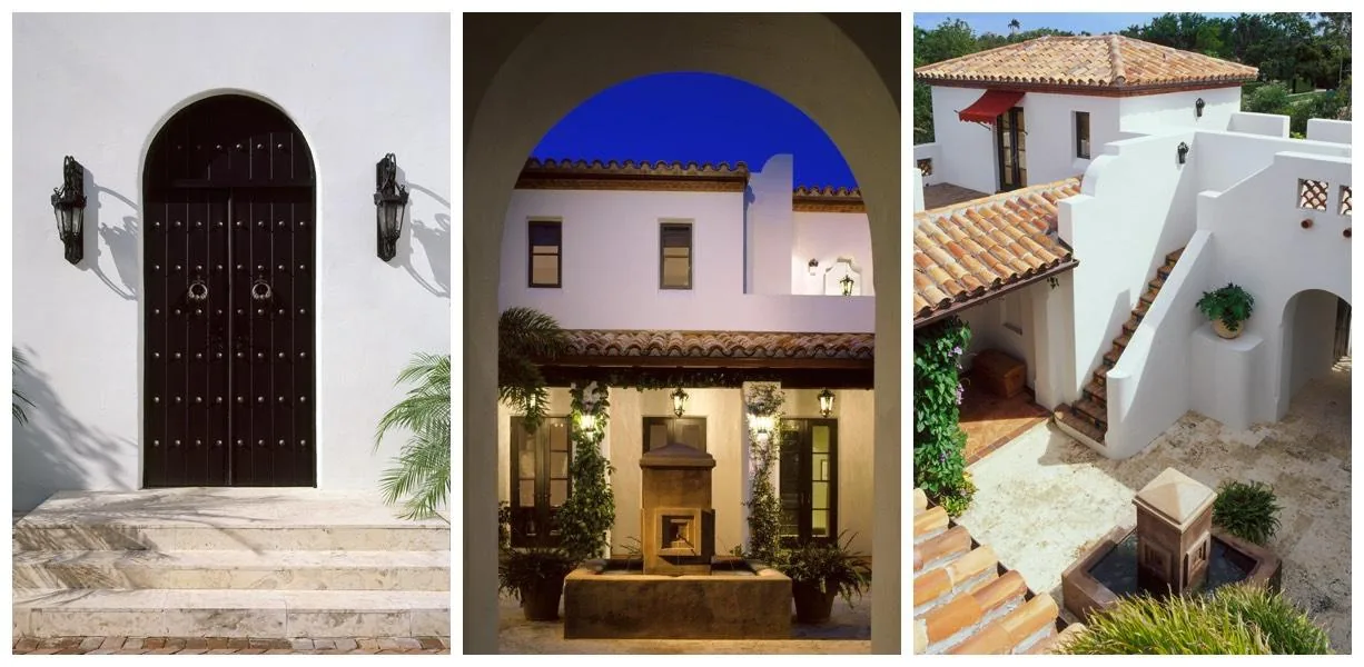 The North Bay Road Residence #2 has white stucco walls, terracotta roof tiles, arched doorways, tiled stairs, wrought iron lights, and a courtyard with a water feature.
